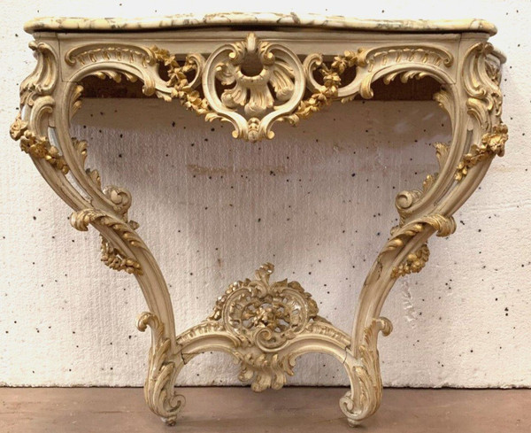 Louis XV Style Carved Console In Painted And Gilded Wood XX Century