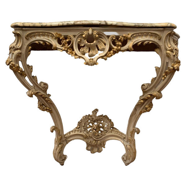 Louis XV Style Carved Console In Painted And Gilded Wood XX Century