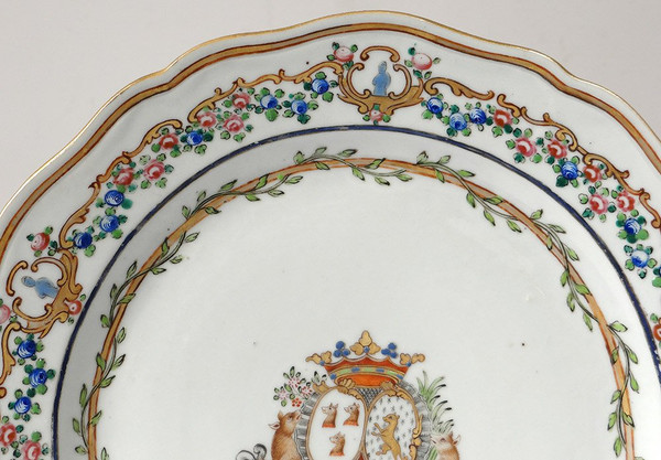5 Assiettes 1 Plat Compagnie Indes Armoirié Visdelou Bonamour Qianlong 18è