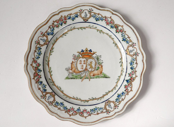 5 Assiettes 1 Plat Compagnie Indes Armoirié Visdelou Bonamour Qianlong 18è
