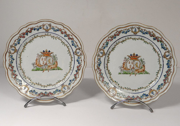 5 Assiettes 1 Plat Compagnie Indes Armoirié Visdelou Bonamour Qianlong 18è