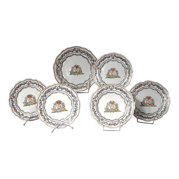 5 Assiettes 1 Plat Compagnie Indes Armoirié Visdelou Bonamour Qianlong 18è