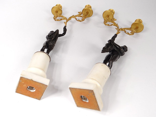 Coppia Candelabri 2 Luci Bronzo Marmo Carrara Antico Donna Aquila Settecento