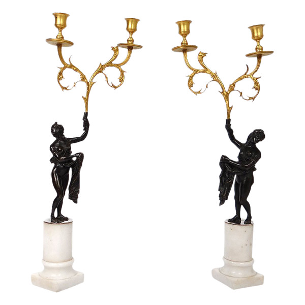 Coppia Candelabri 2 Luci Bronzo Marmo Carrara Antico Donna Aquila Settecento