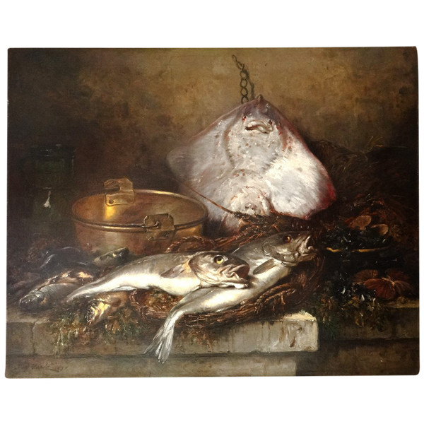 HST Still Life Stingray Lobster Fish Shell Eugène Claude 164x131cm 19th century