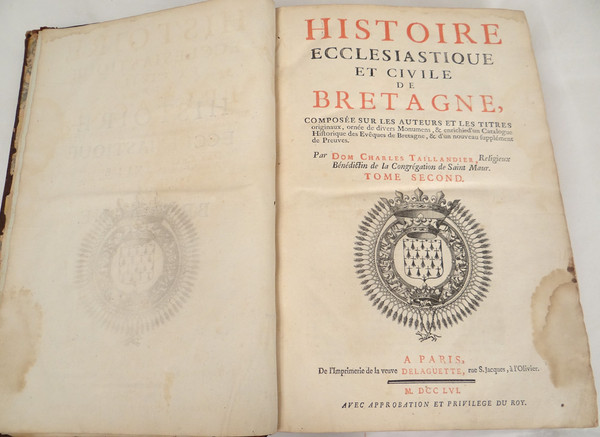 Libri di storia ecclesiastica Bretagna Morice Arms Anne Bretagne 18th