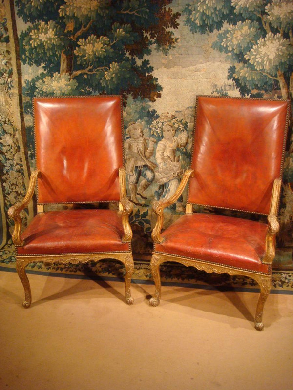 Pair Of Regency Armchairs In Golden Carved Wood, Eighteenth