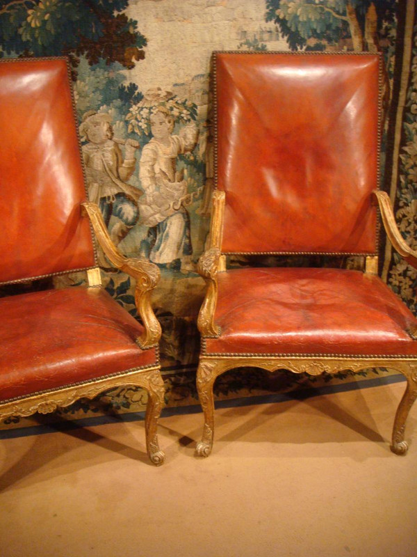 Pair Of Regency Armchairs In Golden Carved Wood, Eighteenth