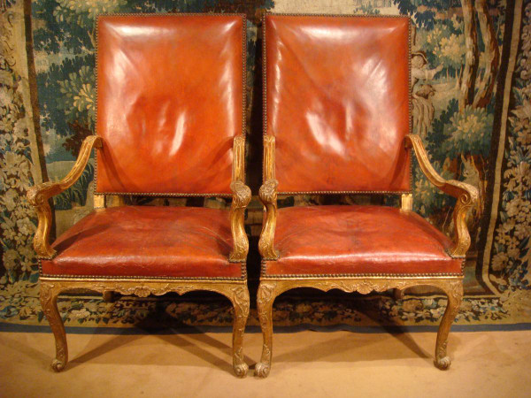 Pair Of Regency Armchairs In Golden Carved Wood, Eighteenth