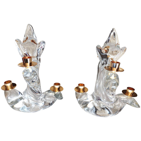 Pair of crystal candlesticks signed Maison Schneider (France) 60s-70s