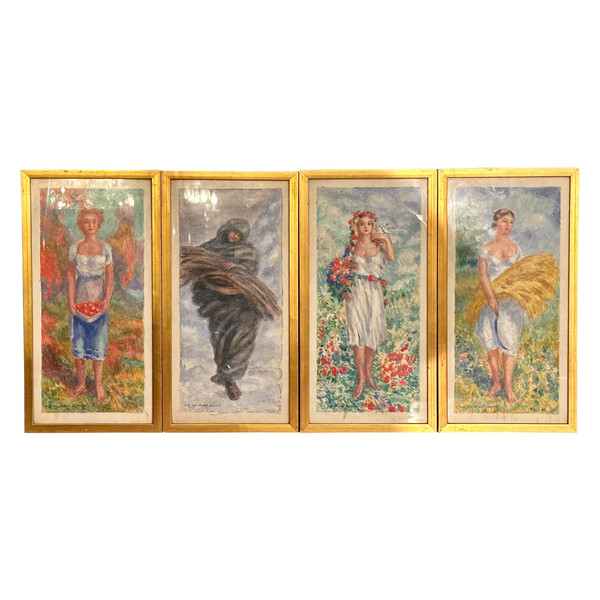 Mikhail Yakovlev, Suite De Quatre Aquarelles Saisons Ecole Russe (1880 - 1942)