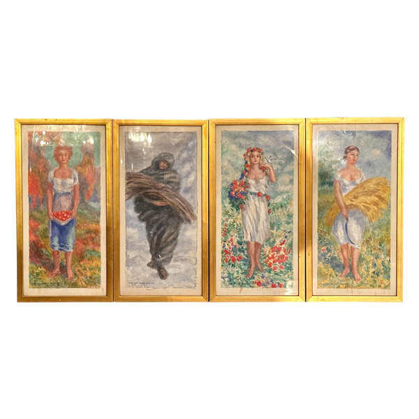 Mikhail Yakovlev, Suite De Quatre Aquarelles Saisons Russische Schule (1880 - 1942)