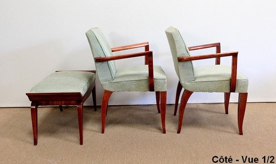  Set di 3 pezzi, coppia di poltrone a ponte e sgabello, Art Déco - 1940