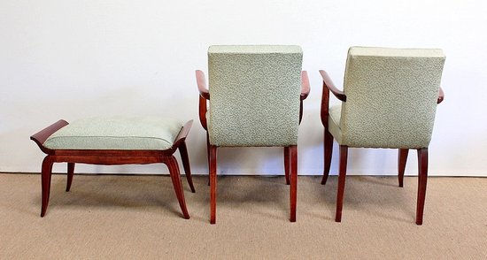  Set di 3 pezzi, coppia di poltrone a ponte e sgabello, Art Déco - 1940