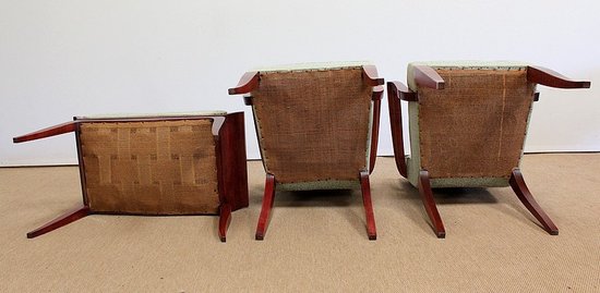  Set di 3 pezzi, coppia di poltrone a ponte e sgabello, Art Déco - 1940