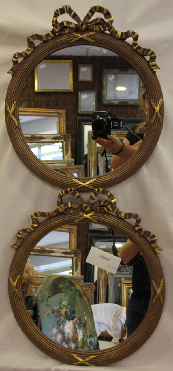 Pair Of Louis XVI, Patina And Gold Leaf Round Mirrors 35 X 40 Cm