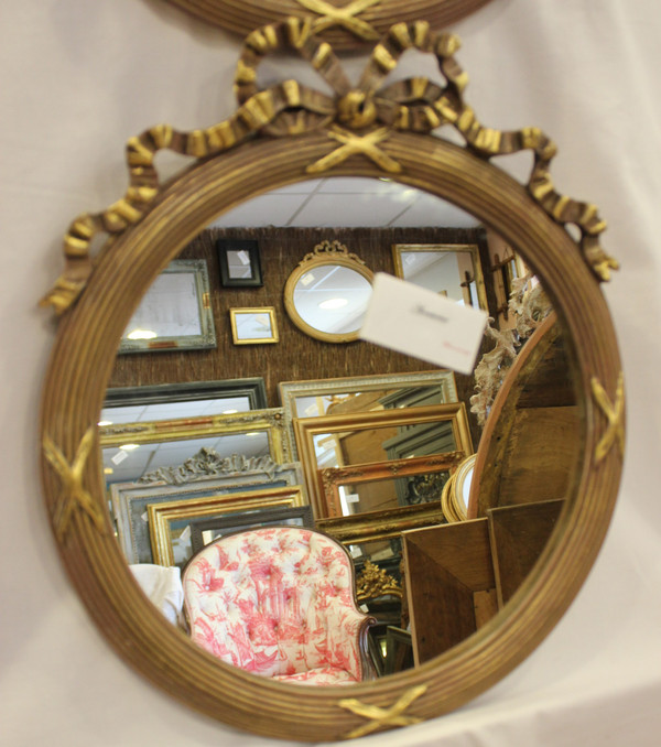 Pair Of Louis XVI, Patina And Gold Leaf Round Mirrors 35 X 40 Cm
