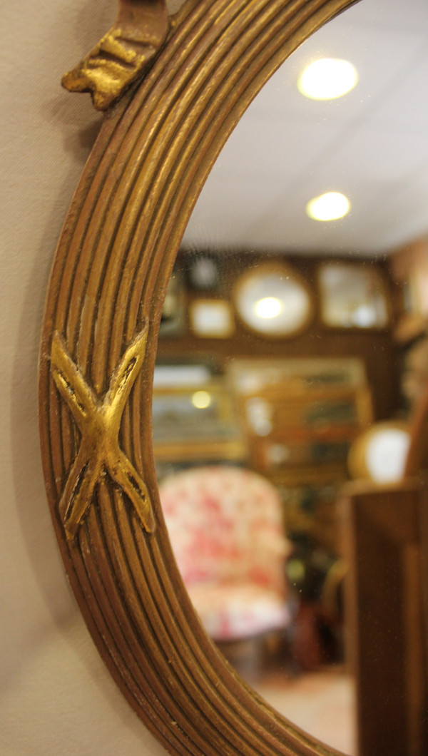 Pair Of Louis XVI, Patina And Gold Leaf Round Mirrors 35 X 40 Cm