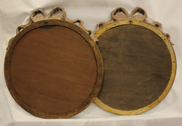 Pair Of Louis XVI, Patina And Gold Leaf Round Mirrors 35 X 40 Cm