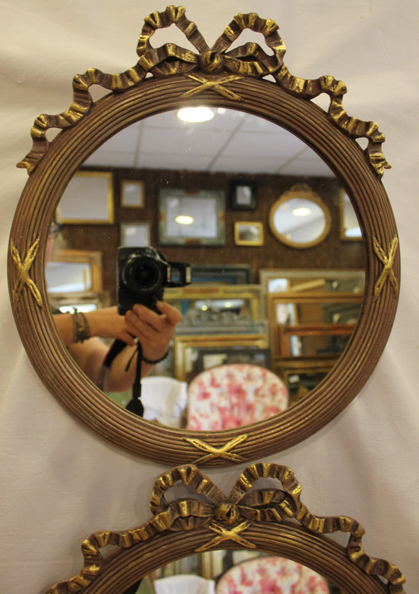 Pair Of Louis XVI, Patina And Gold Leaf Round Mirrors 35 X 40 Cm