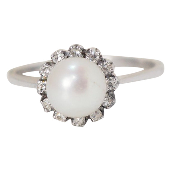 Anello In Oro Bianco Perla Coltivata E Diamanti