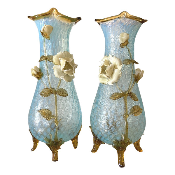 Coppia di vasi a lampada in vetro granito, Manufacture de Clichy, Art Nouveau