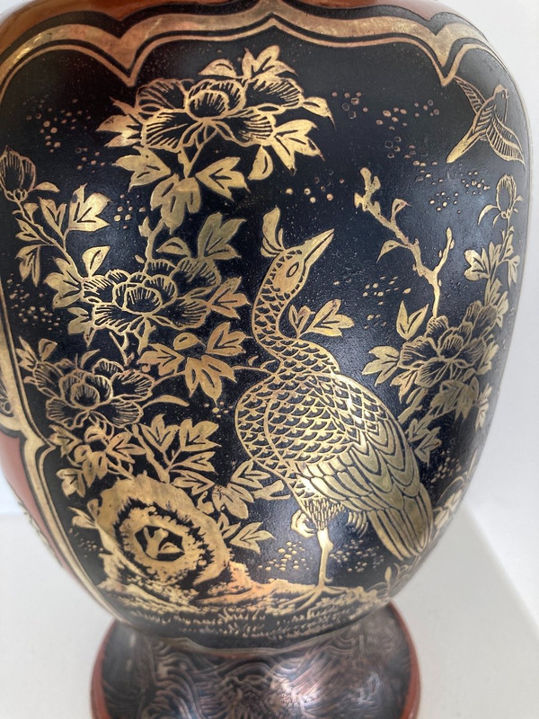 Vaso giapponese Dinanderie, laccato, intarsiato in oro e argento, Meiji XIX secolo