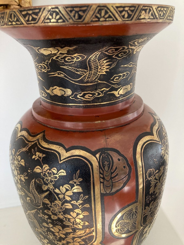 Vaso giapponese Dinanderie, laccato, intarsiato in oro e argento, Meiji XIX secolo