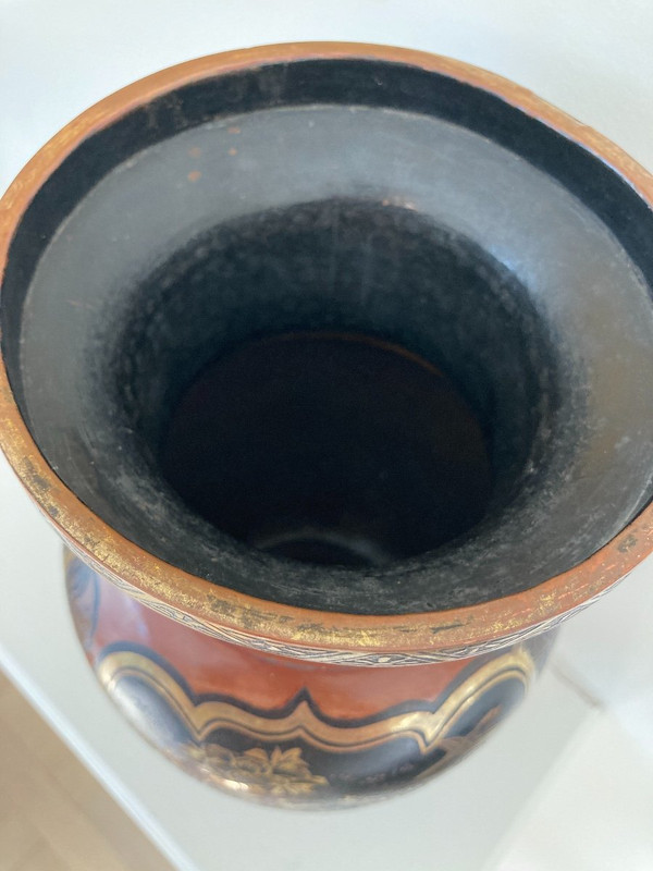 Vaso giapponese Dinanderie, laccato, intarsiato in oro e argento, Meiji XIX secolo