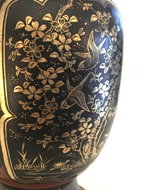Vaso giapponese Dinanderie, laccato, intarsiato in oro e argento, Meiji XIX secolo
