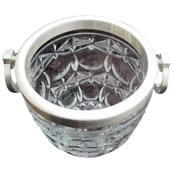Seltener Eiskübel aus Kristallkontur und versilberten Metallhenkeln