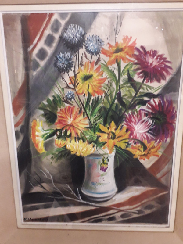 tableau Pastel bouquet de fleurs signé ( P.Charton )