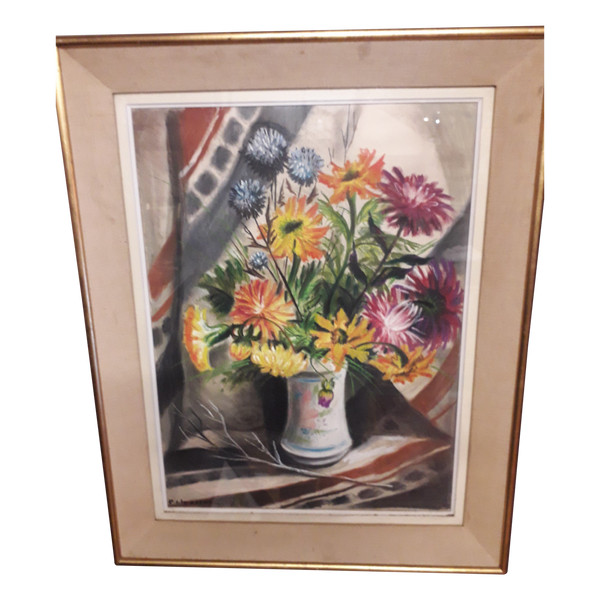 tableau Pastel bouquet de fleurs signé ( P.Charton )