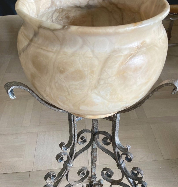Tripod Base, Wrought Iron And Marble Pot Cover, Late 19th C.