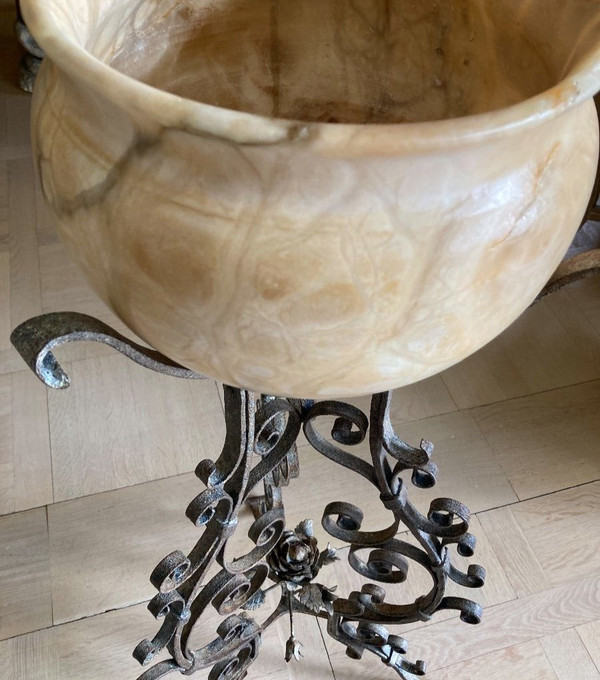Tripod Base, Wrought Iron And Marble Pot Cover, Late 19th C.