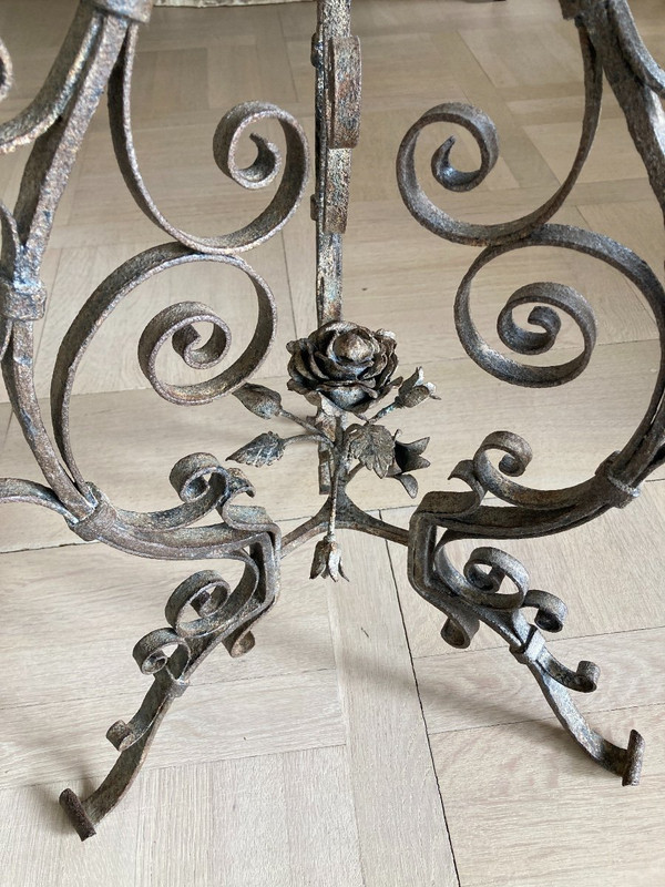 Tripod Base, Wrought Iron And Marble Pot Cover, Late 19th C.