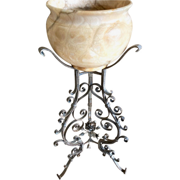 Tripod Base, Wrought Iron And Marble Pot Cover, Late 19th C.