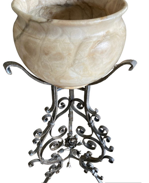 Tripod Base, Wrought Iron And Marble Pot Cover, Late 19th C.