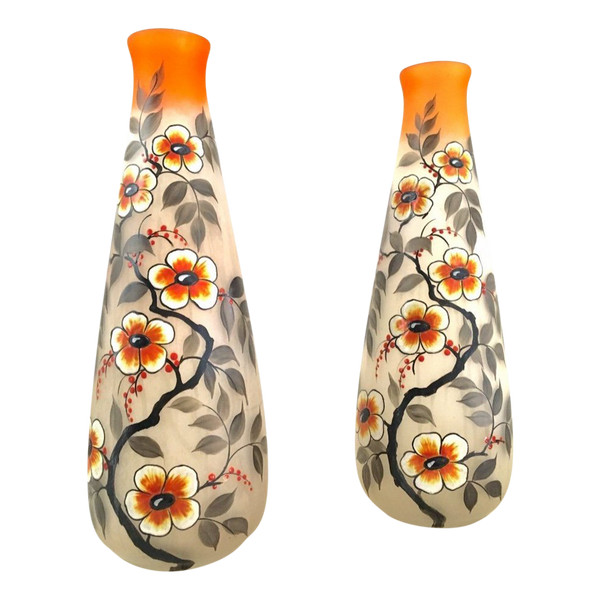 Pair of Vases in Satin Glass, Signed LEUNE