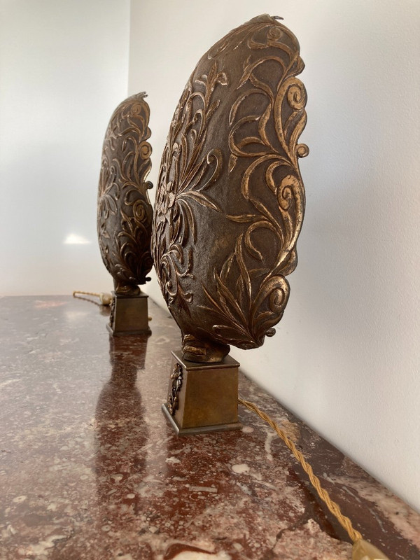 Paire de lampes, en appliques à poser, en cuivre doré, Italie 19ème