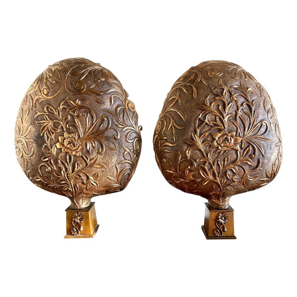 Paire de lampes, en appliques à poser, en cuivre doré, Italie 19ème