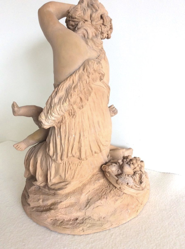 Scultura in terracotta, Donna con bambino - opera francese Fine XIX sec.