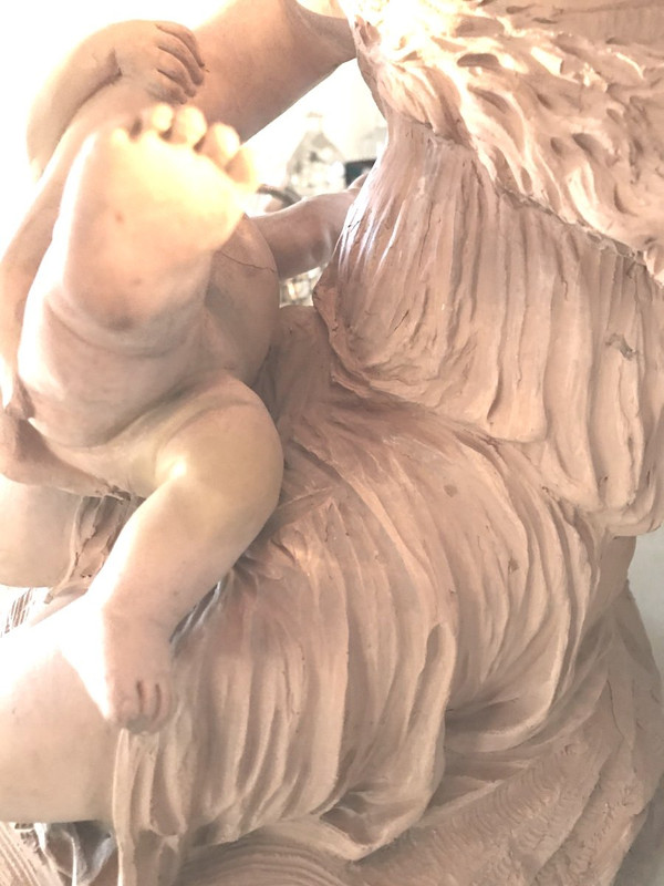 Scultura in terracotta, Donna con bambino - opera francese Fine XIX sec.