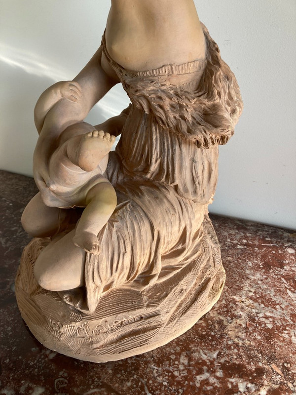 Scultura in terracotta, Donna con bambino - opera francese Fine XIX sec.