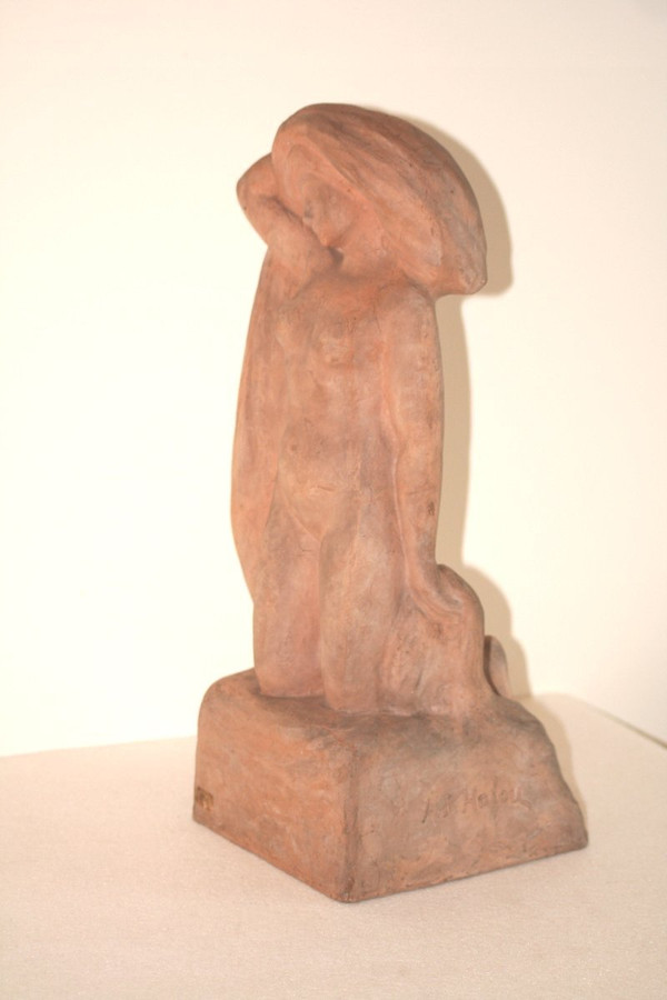 Terrakotta-Skulptur, Nacktbadende, signiert Alfred Jean Halou, Anfang des 20. Jahrhunderts 1910/1920