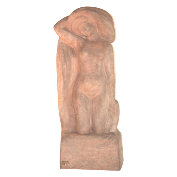 Terrakotta-Skulptur, Nacktbadende, signiert Alfred Jean Halou, Anfang des 20. Jahrhunderts 1910/1920