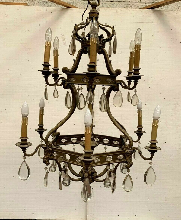 Lampadario a gabbia in stile rinascimentale in bronzo e pendenti in vetro colorato XIX