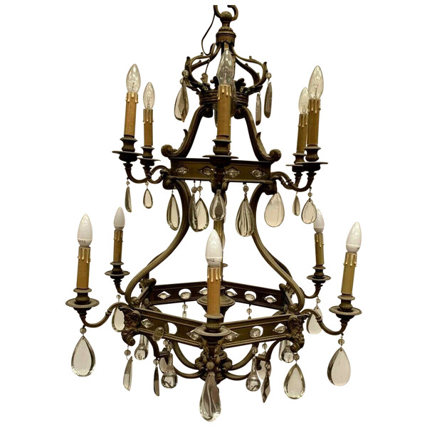 Lampadario a gabbia in stile rinascimentale in bronzo e pendenti in vetro colorato XIX