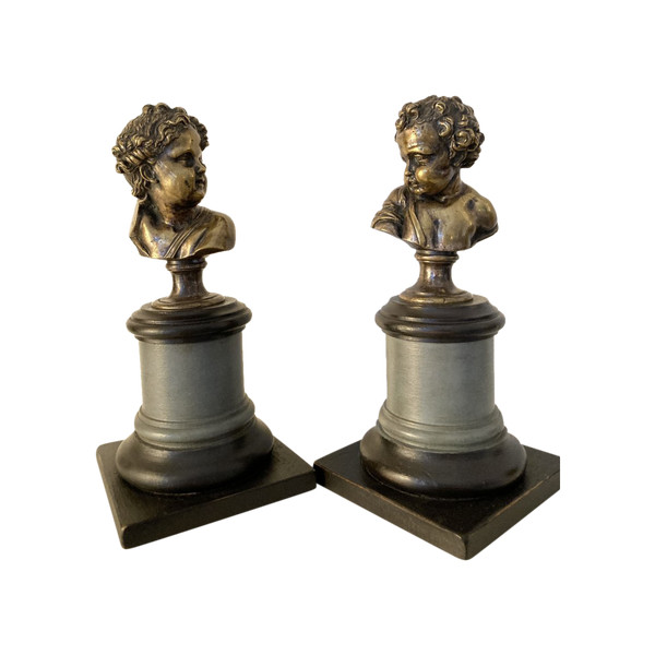 Pair of busts of young children in Silver Bronze - 18th century