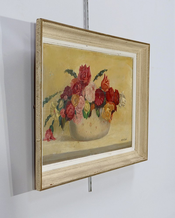 Grand Tableau « Nature Morte au bouquet de fleurs » signé Obligi – Début XXe